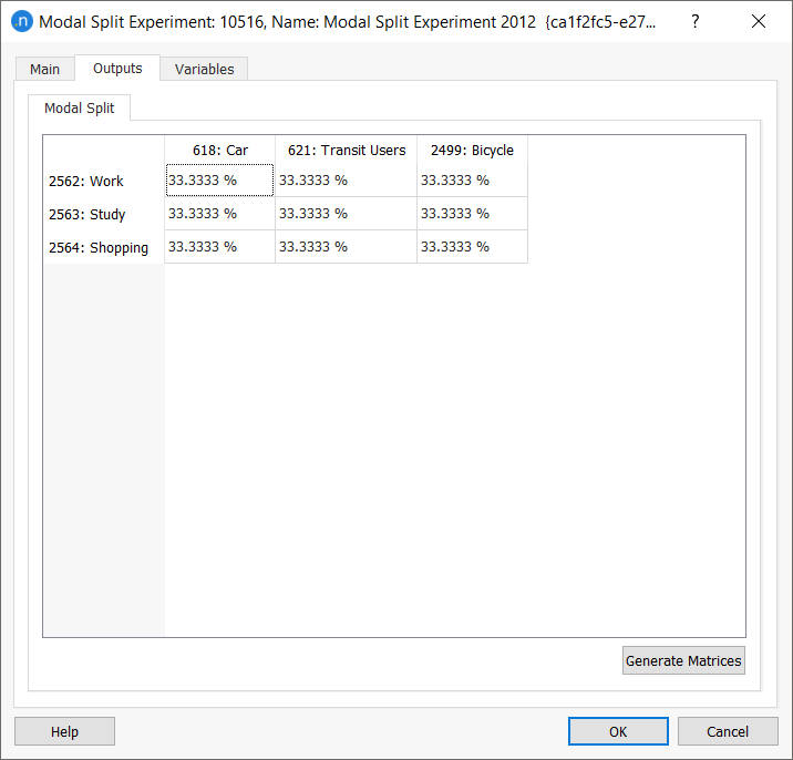 Diálogo do experimento de divisão modal aba de saídas