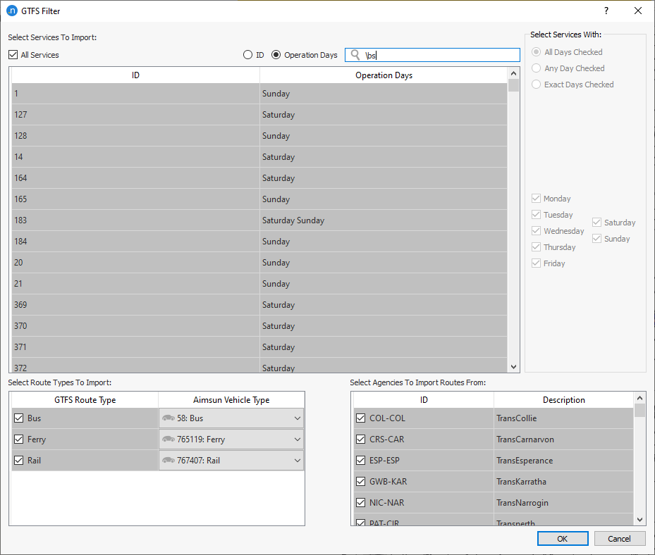 filtro de GTFS busca regular