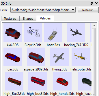 Aba Veículos da Janela de Informações 3D